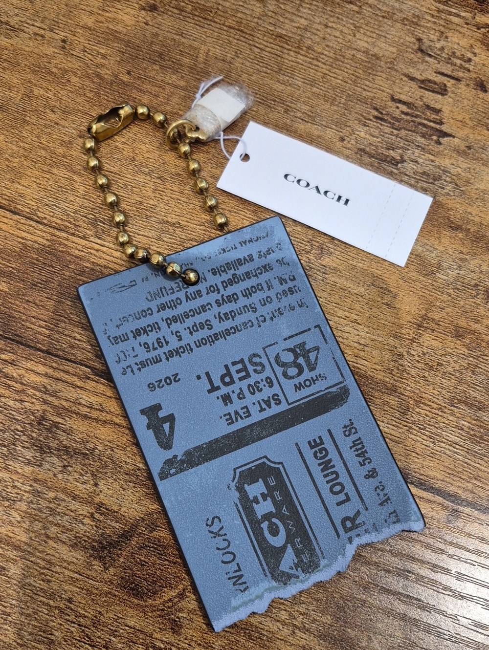 Coach Blue Ticket Charm Key Fob with Gold Chain